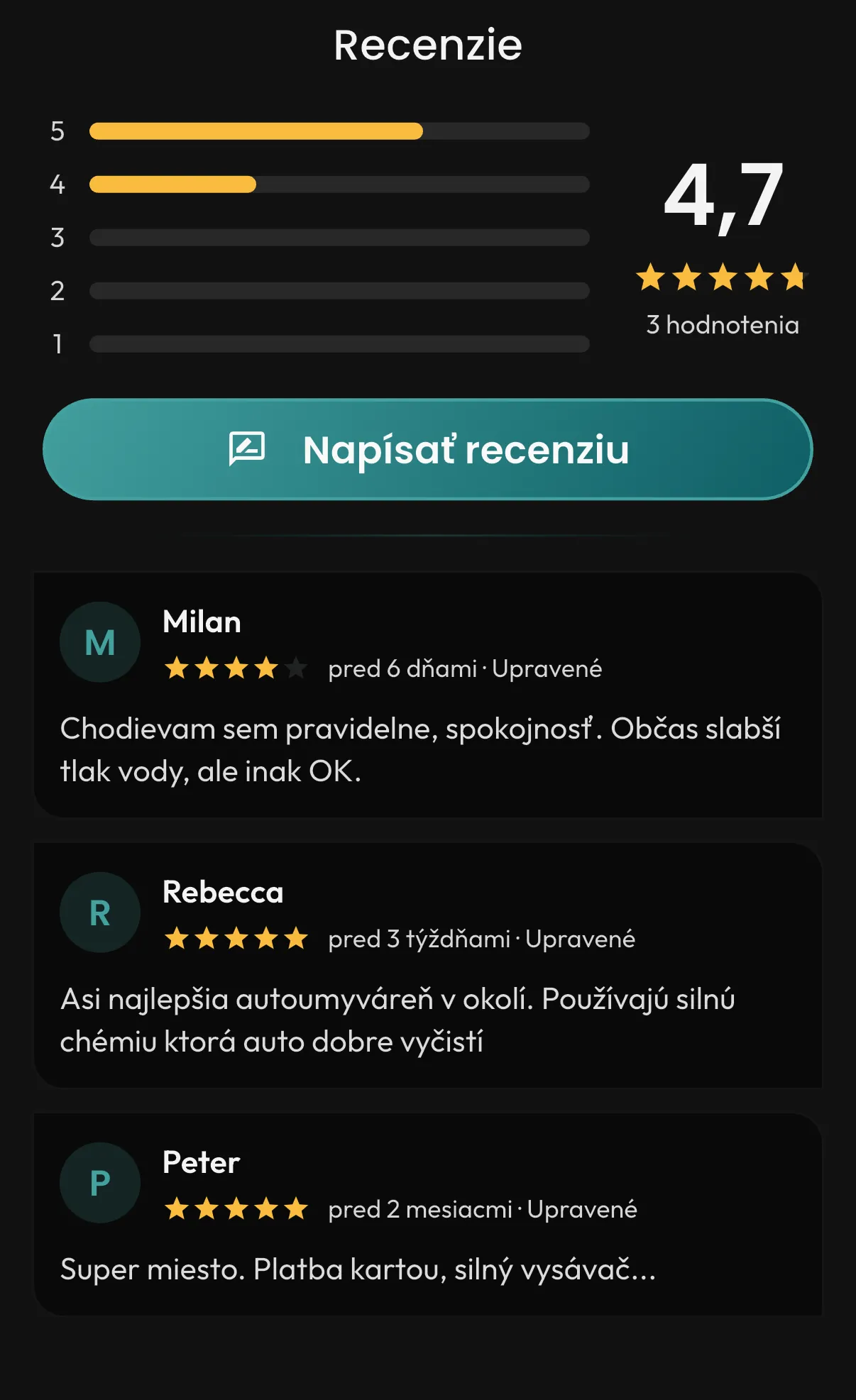 Ukážka hodnotení v aplikácii Carwalo